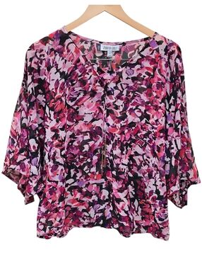 NWT Jennifer Lopez JLO Abstract Floral Sheer Blouse 0X Top Boho Flowy Sleeves